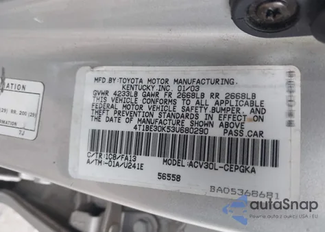 2003 Toyota Camry Xle z USA, uszkodzony, nr VIN 4T1BE30K53U680290